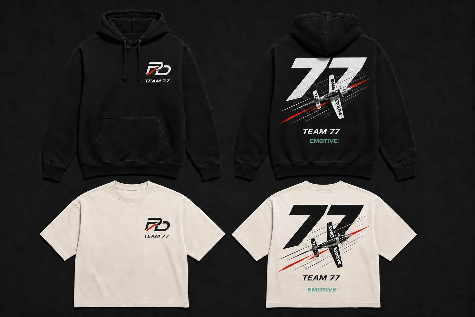 Black and off-white Team 77 aircraft graphic T-shirts