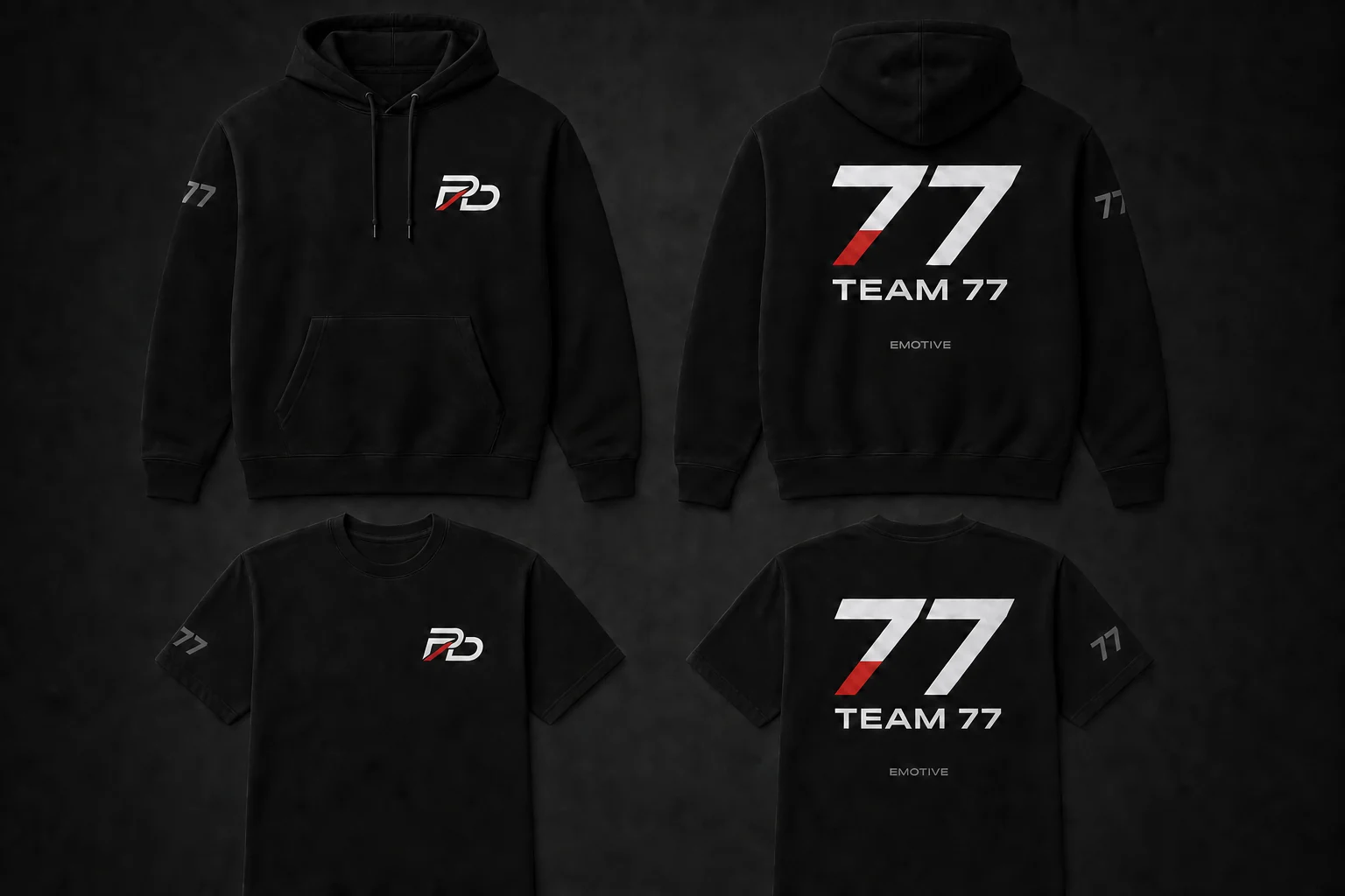 Black Team 77 hoodie shown from the front and back